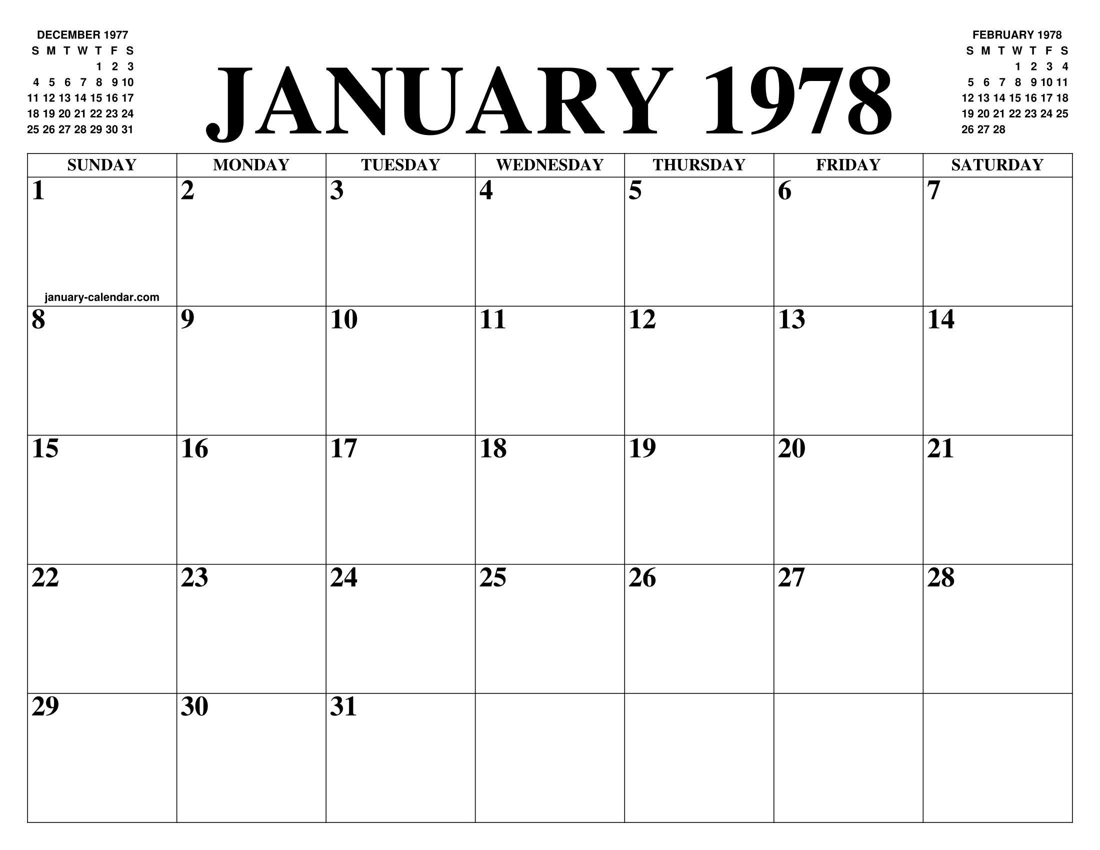 JANUARY 1978 CALENDAR OF THE MONTH: FREE PRINTABLE JANUARY CALENDAR OF