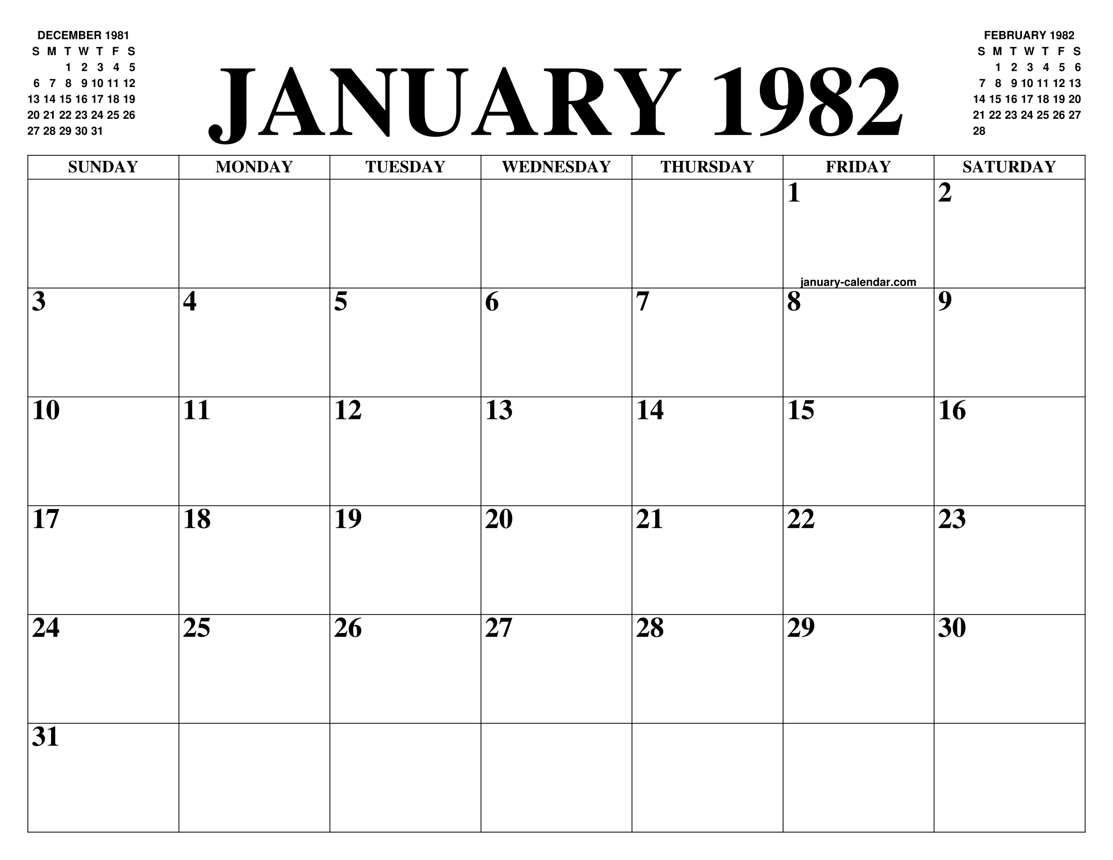 JANUARY 1982 CALENDAR OF THE MONTH: FREE PRINTABLE JANUARY