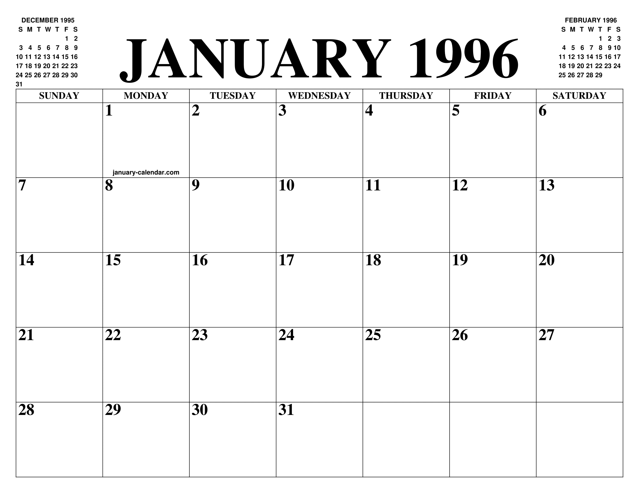 JANUARY 1996 CALENDAR OF THE MONTH FREE PRINTABLE JANUARY CALENDAR OF JANUARY 1996 CALENDAR OF THE MONTH FREE PRINTABLE JANUARY CALENDAR OF