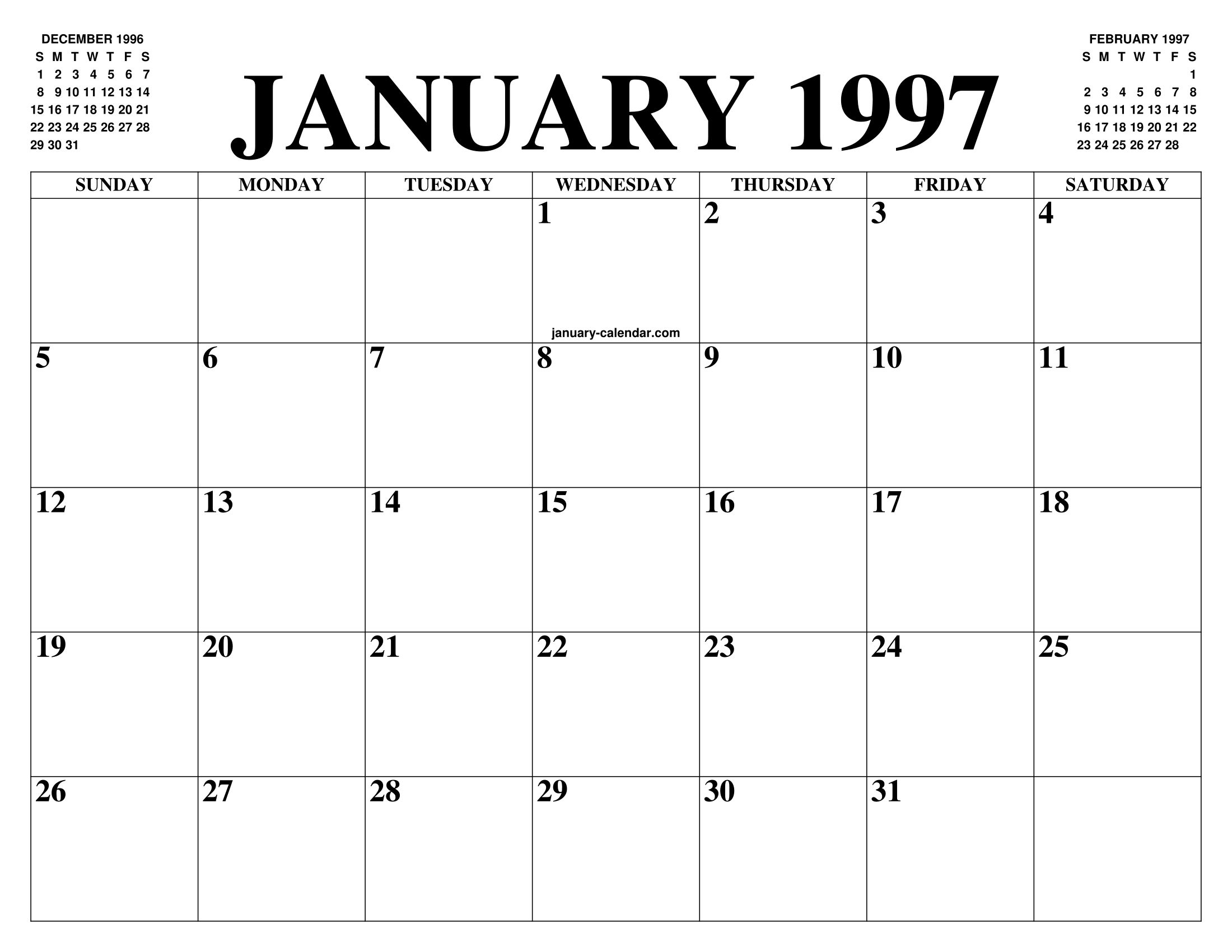JANUARY 1997 CALENDAR OF THE MONTH: FREE PRINTABLE JANUARY CALENDAR OF THE  YEAR - AGENDA