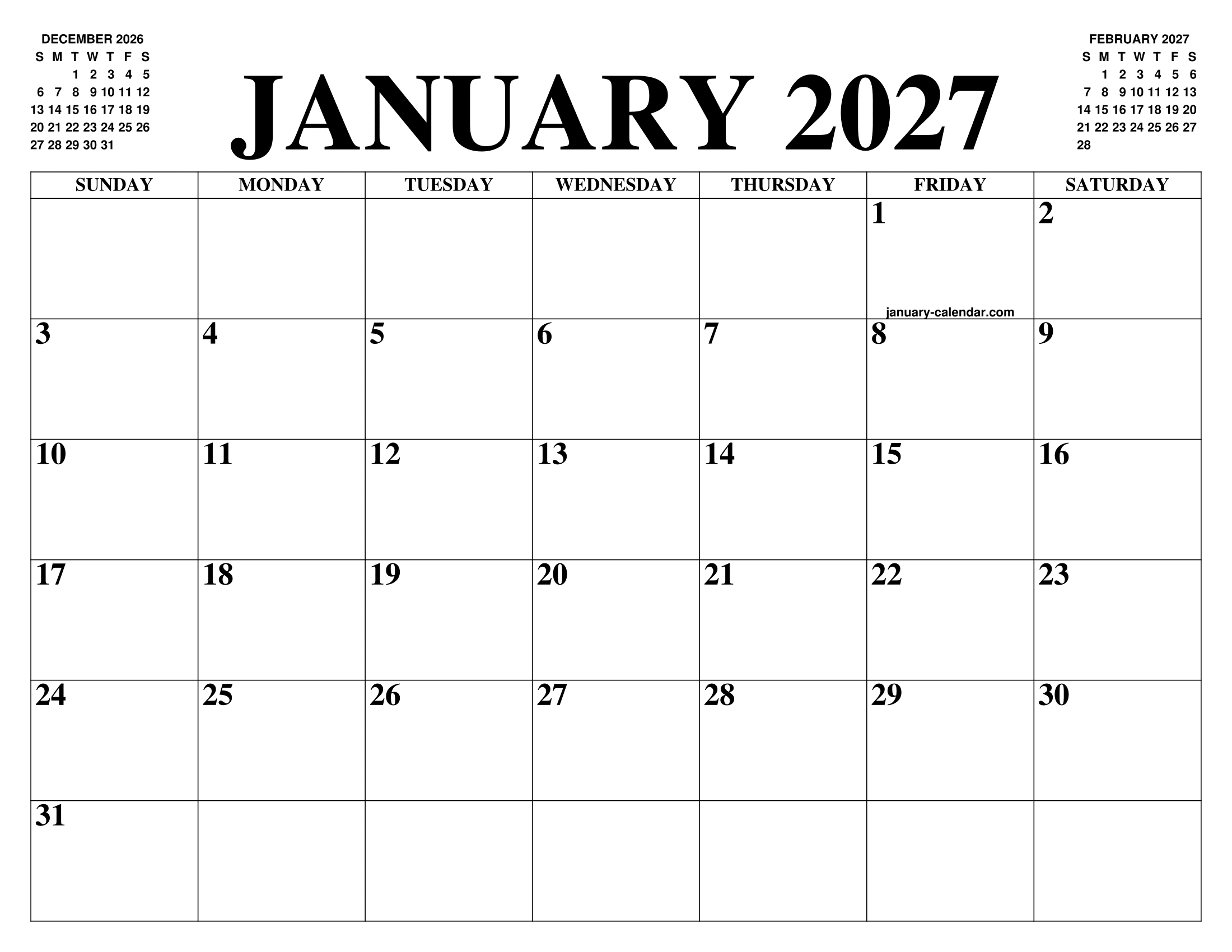 JANUARY 2027 CALENDAR OF THE MONTH: FREE PRINTABLE JANUARY CALENDAR OF