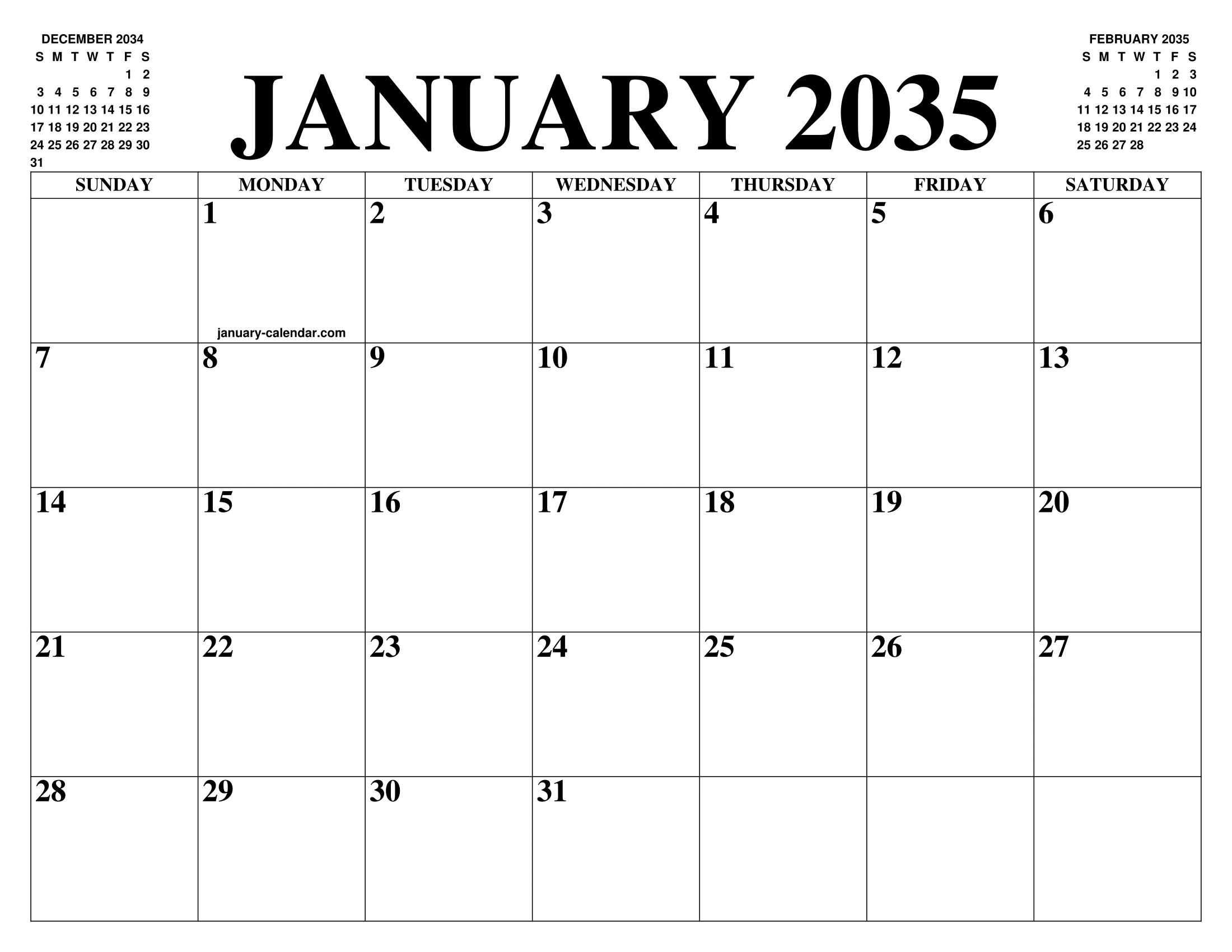 JANUARY 2035 CALENDAR OF THE MONTH: FREE PRINTABLE JANUARY CALENDAR OF ...